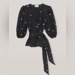 GANNI Printed Georgette Wrap Blouse in Black Floral
